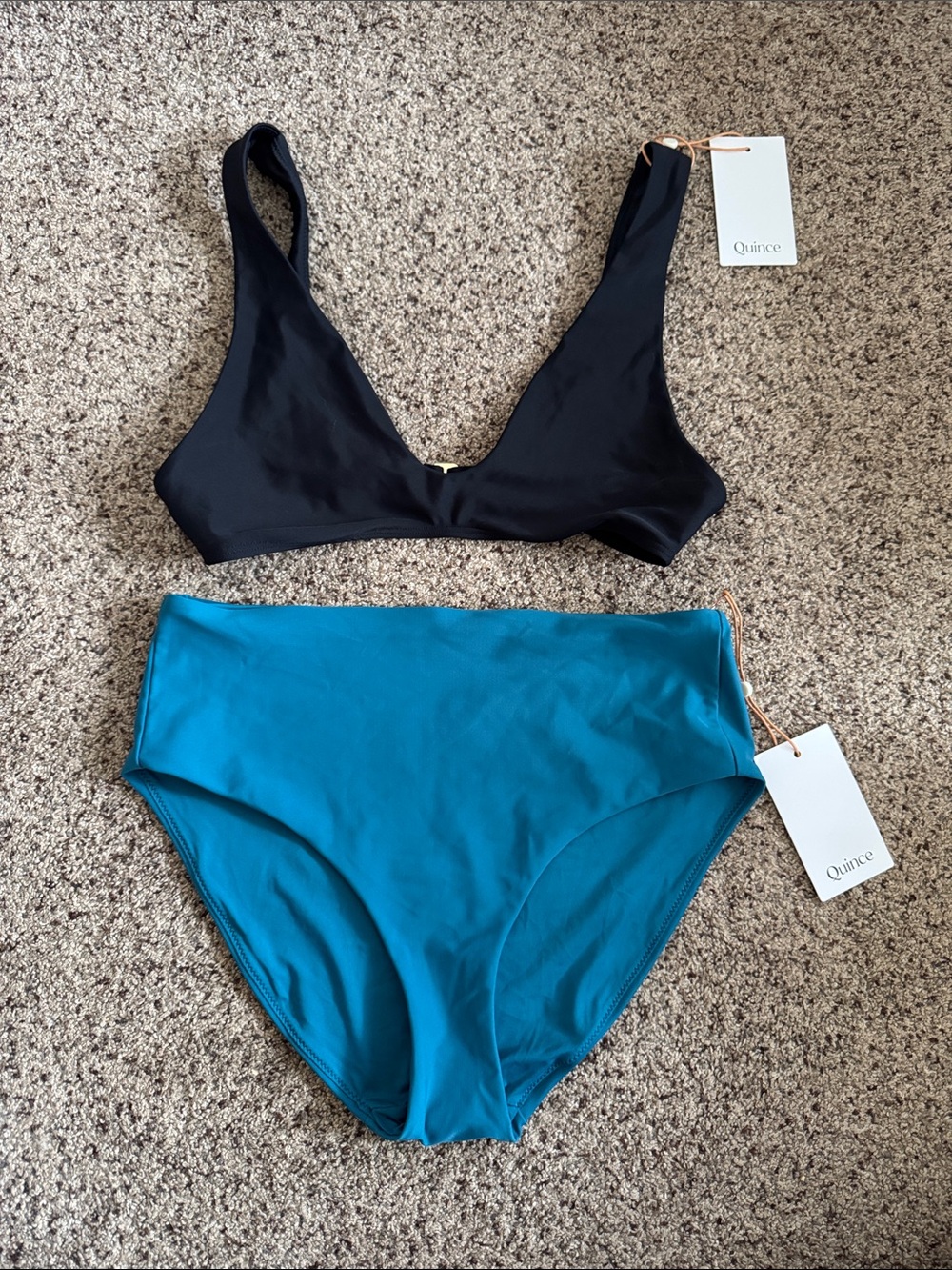 Quince Black V-Neck Bikini Top with Teal High-Waist Bottom